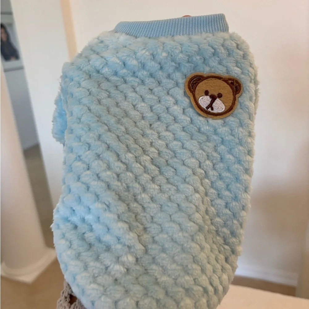 Blue Textured Sweater with Bear Patch